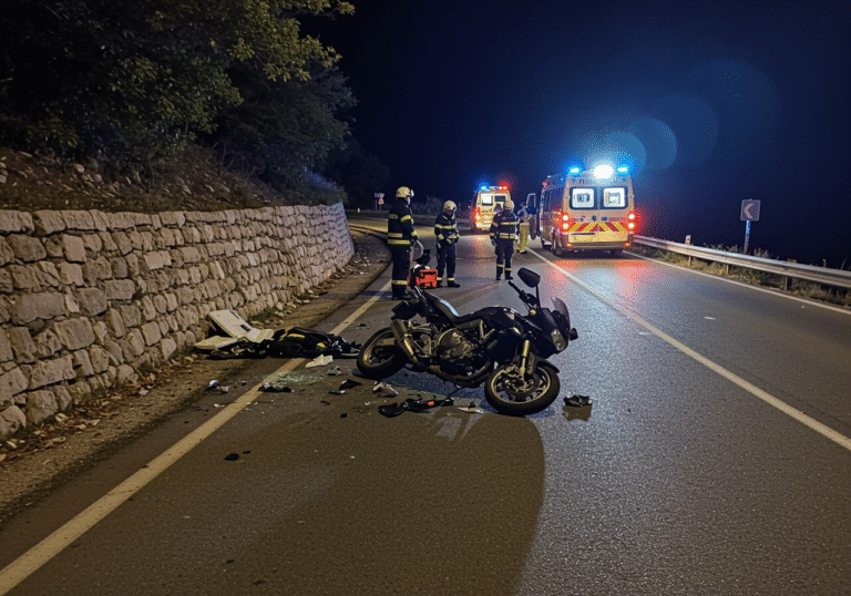 A 59-year-old male motorcyclist lies injured on the pavement of Road D-58 at night, attended by emergency medical personnel. His damaged motorcycle, with Split license plates, rests nearby, partially on the road and partially against a stone-earth embankment, near an unlit left curve. The scene is illuminated by the flashing blue and red lights of an ambulance and Croatian police vehicles, casting long shadows. Debris is scattered on the dark asphalt. The atmosphere is tense and urgent.