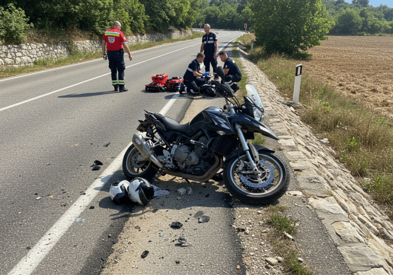 Midday on August 17, 2025, a crumpled motorcycle with Croatian Split license plates rests on State Road D-58 near Vrpolje, Croatia, following a severe accident in a left, blind curve. Croatian emergency medical personnel are tending to an injured 59-year-old male motorcyclist lying by the roadside. The scene is illuminated by bright midday sun, highlighting the rural Croatian landscape, with a stone-earth embankment visible where the vehicle impacted. The air has a subtle haze or dense roadside vegetation contributing to reduced visibility in the curve.