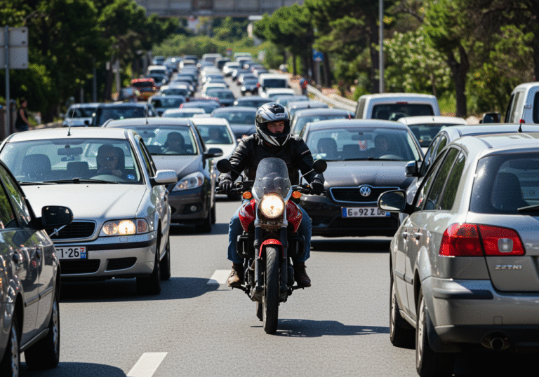 A motorcyclist wearing a helmet and summer riding gear carefully and slowly maneuvers a motorcycle between lanes of stationary or very slow-moving cars on a congested Croatian road under bright summer daylight. The scene depicts a traffic jam, with vehicles packed closely, and the hot, clear sky indicative of high temperatures.