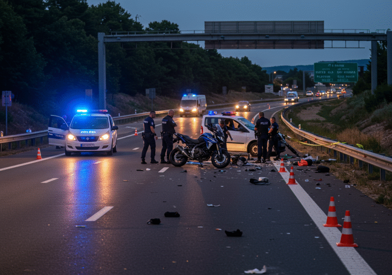 August evening on Highway A7 in Croatia, near the Jušići interchange. The scene of a fatal traffic collision is under investigation. A damaged motorcycle and a passenger vehicle are on the asphalt, with debris scattered nearby. Several Croatian police officers in uniform are actively investigating the incident, illuminated by the flashing blue and red lights of their patrol vehicles. The highway lanes from Rupa towards Rijeka are closed, marked by orange cones and temporary barriers, with some distant vehicles visible being redirected at the Jušići exit. The light is fading to dusk, creating a somber atmosphere.