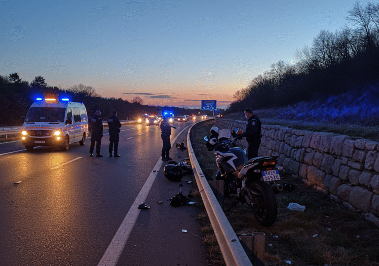 A somber scene on Croatia's A7 highway near Jurdan in the late evening light. Croatian police officers in uniform are conducting an investigation around a section of the asphalt roadway next to a stone barrier. Emergency vehicle lights, subtly casting blue and red hues, illuminate the immediate area. A damaged motorcycle, bearing Rijeka license plates, is visible on the side of the road. The highway beyond the immediate scene appears closed to regular traffic, with only official vehicles present. The sky above is transitioning from dusk to night.