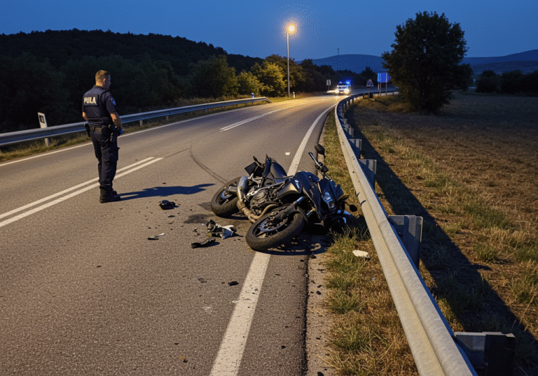 Late evening on Croatian state road DC-66, between Raša Bridge and Vozilići near Labin, around 7:30 PM. A severe motorcycle accident scene. A dark-colored motorcycle, with Pula registration plates, lies damaged on its side on the asphalt of a sharp left turn. Visible skid marks stretch behind the fallen bike, leading to a bent metal guardrail beside the road. A Croatian police officer, wearing a standard blue uniform from the Pula police department, stands near the wreckage, assessing the scene. The natural twilight casts a somber mood over the rural Croatian roadside.