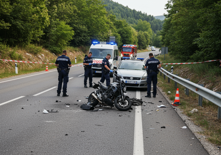 Croatian police officers in uniform investigate a fatal traffic accident on state road DC-3, near Lokve in Primorje-Gorski Kotar County, Croatia, on a clear Sunday morning around 11:10 AM. A severely damaged motorcycle and a damaged car are on the asphalt road, surrounded by debris. Emergency vehicles with flashing blue lights are parked nearby, and police tape marks off the scene. The road is closed to traffic, with cones directing vehicles. The surrounding landscape features dense green forests and winding roads typical of the Gorski Kotar region. The atmosphere is somber and focused on the ongoing official investigation.