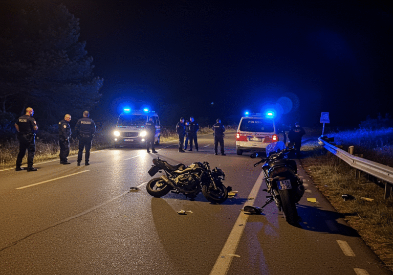 Late night scene of a fatal traffic accident investigation on a dark road in the Malinska area of Krk island, Croatia. Croatian police officers from the Krk Police Station are present, their uniforms visible, illuminated by the flashing blue lights of police vehicles. A severely damaged motorcycle with Rijeka license plates and a passenger car with Austrian license plates are visible on the closed road, which leads towards Krk town. The atmosphere is somber.