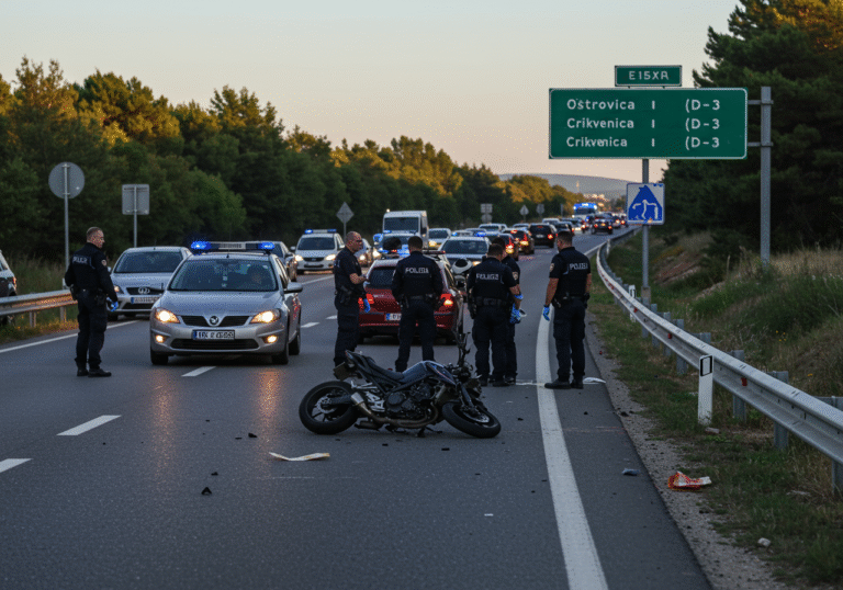 Late afternoon light illuminates a solemn scene on Croatian state road DC3, near Gornje Jelenje. A severely damaged motorcycle lies on the asphalt near a passenger car at the intersection with the turn-off for Oštrovica and Crikvenica (D-3). Several Croatian police officers and investigators are present, meticulously examining the site for evidence. In the background, a long line of vehicles is stopped, demonstrating the significant traffic congestion caused by the road closure between Gornje Jelenje and Kikovica. The environment is typical of a rural Croatian road, with surrounding greenery.
