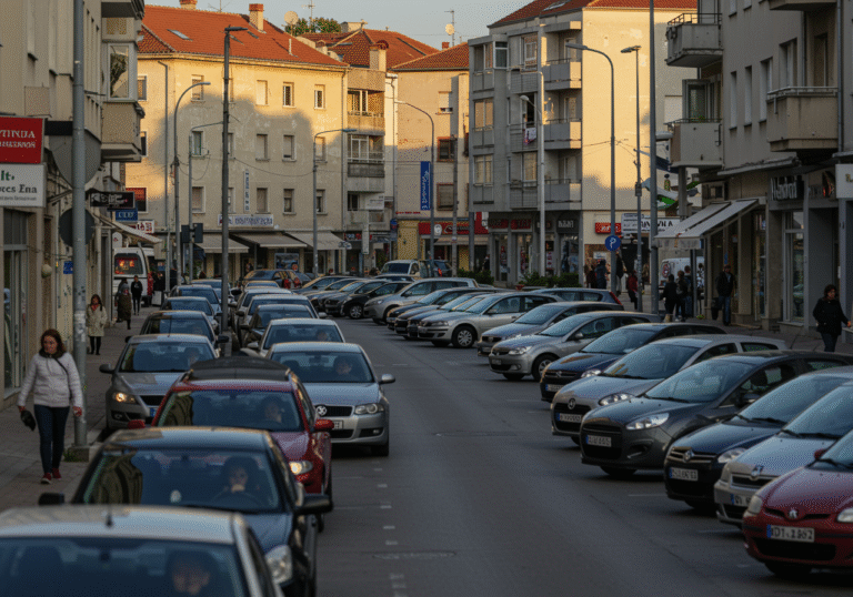 A wide shot of a bustling street in a modern Croatian city during the late afternoon, showcasing a high density of parked and moving passenger vehicles. A mix of new and slightly older model cars, varying in color, fills the scene, reflecting the significant increase in motorization. Pedestrians walk along the sidewalks, some pausing near their cars, others going about their daily routines. The architecture in the background features contemporary multi-story buildings and commercial facades typical of Croatian urban areas. The light is natural and clear, highlighting the active daily life in a developing European nation.
