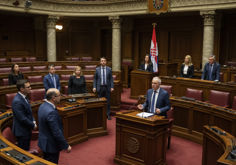 A wide, editorial-style shot inside the Croatian Parliament building (Hrvatski sabor) in Zagreb. Members of the Možemo! parliamentary club, dressed in formal business attire, are gathered at a podium, with one or two individuals actively speaking. Their expressions are serious and focused, reflecting their recent political initiative to recognize the State of Palestine and to ban arms exports to Israel via Croatian territory. The lighting is bright and even, typical of an official political setting during the day. Architectural details of the historic parliament chamber are visible in the background, subtly indicating the formal legislative environment.