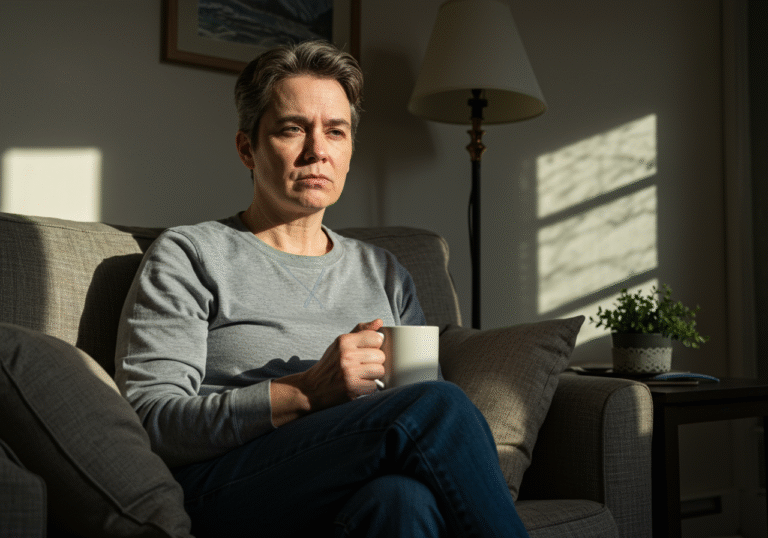 A mid-adult person, with a slightly weary or thoughtful expression, sits in a softly lit living room in British Columbia, Canada. Natural daylight streams through a window, casting a gentle glow on their face and comfortable, everyday clothing. The person's posture suggests a subtle underlying fatigue or quiet contemplation, perhaps holding a simple mug. The room is tidy and understated, typical of a Canadian home, conveying a sense of enduring quiet struggle with non-specific symptoms.