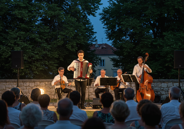 An outdoor evening concert in the picturesque garden of the Institute for Historical Sciences of the Croatian Academy of Sciences and Arts in Zadar. Young Croatian musician Leonardo Rojnić, dressed in formal attire, performs on his diatonic accordion, illuminated by warm stage lights. He is accompanied by the Acoustic Project ensemble, featuring a double bassist and other musicians, playing instruments. A respectful audience sits in the foreground, enjoying the performance under the soft August twilight. The atmosphere is elegant and celebratory, marking the closing of the festival.