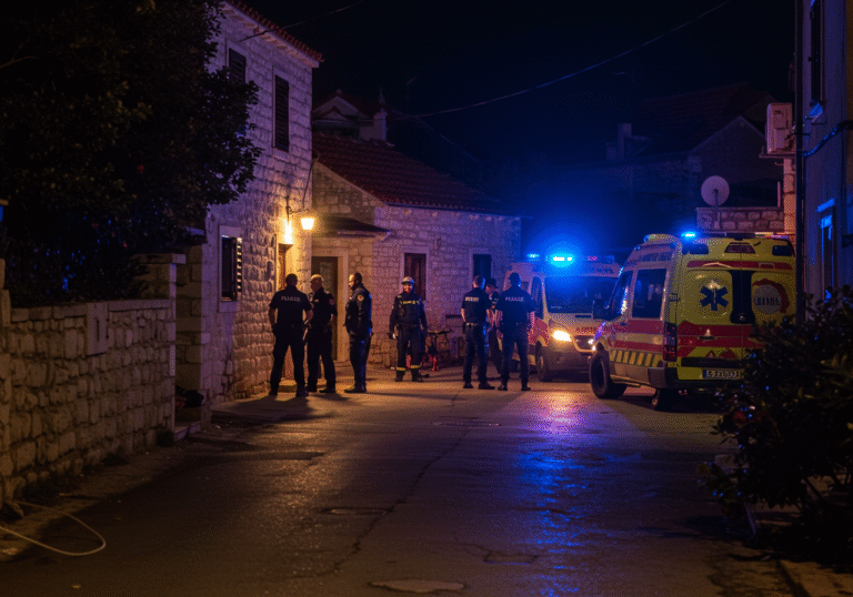 Early morning, 1:50 AM, in the quiet residential courtyard of a family home in Igrane, a small Dalmatian town near Makarska, Croatia. Croatian police officers are on site, some speaking with emergency medical service personnel next to a parked ambulance. The scene is illuminated by the flashing blue and red lights of emergency vehicles, casting long shadows. The air is still and heavy with a somber atmosphere, hinting at a recent tragic event. Traditional stone and tile elements of Croatian coastal architecture are visible under the dim, pre-dawn sky.