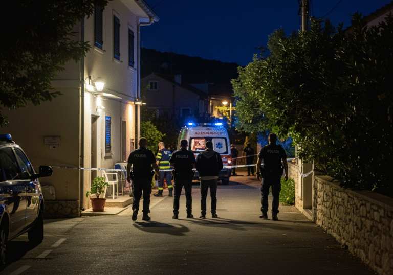 Early morning, 1:50 AM on a summer night in Igrane, Makarska Riviera, Croatia. Croatian police officers from the Split-Dalmatia Police Department are actively securing the yard of a family house with yellow crime scene tape. An ambulance and emergency medical personnel are present nearby. The scene is illuminated by artificial lights from the house and streetlights, casting long shadows across the Mediterranean-style property. Two adult male figures are being escorted by police officers, their postures suggesting detainment or disorientation. The overall atmosphere is quiet, somber, and focused on the investigation, set against the backdrop of a peaceful coastal village at dawn.