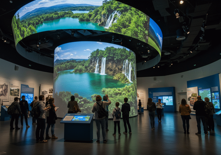 Interior view of the modern Museum of Travel Experiences in Zagreb, Croatia, on a bright day. Visitors, a mix of adults and children, are standing captivated within a spacious room, surrounded by a large 360-degree projection that vividly displays a stunning panoramic view of Croatia's natural landscapes, like the cascading waterfalls of Plitvice Lakes. Other interactive exhibits, including models of historical transport and smaller multimedia screens showcasing global travel routes, are visible in the ambient lighting of the museum space. People are looking around with expressions of discovery and fascination, engaged in the immersive experience of virtual travel.