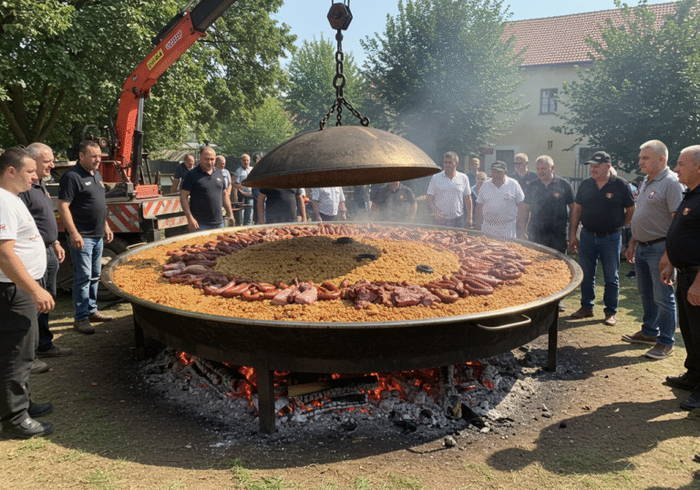 A sunlit, wide-angle view of the traditional Pekmezijada festival in the village of Duga Međa, Slavonia, Croatia. A massive, three-meter-diameter peka, weighing over a ton, is positioned over glowing embers in the outdoor setting. A large crane is prominently featured, carefully lifting its heavy, domed metal bell, revealing a simmering, abundant stew of beans, smoked meat, sausages, and vegetables. A team of about ten people, including local war veterans and members of UHBDDR Duga Međa, are gathered around, observing the colossal dish. Figures like Dražen Šafar, president of the Slatina Culinary and Confectionery Association, and local residents Franjo Kovač and Stoja Andrić are visible amongst the crowd, engaged in the festive atmosphere of the Croatian village.