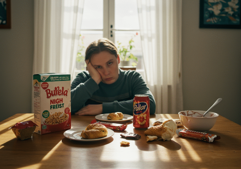 An editorial-style photograph in a sunlit kitchen or dining area of a contemporary European home. A person, seen from the upper body, is seated at a table, exhibiting a slight slump and a tired expression, implying sluggishness. In front of them on the table are various commonly consumed processed foods: an open box of high-sugar breakfast cereal, a half-eaten chocolate bar, a small plate with a pastry, a can of fizzy drink, and a bowl with remnants of ice cream. Soft, natural light streams through a window, highlighting the scene with realistic detail.