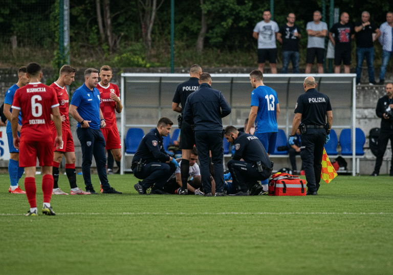 A tense scene unfolds on a football pitch in Soljani, Croatia, during daylight hours. Croatian police officers and emergency medical personnel gather around Mate Dujmić, the assistant referee, who is receiving attention on the ground near the sidelines. A male spectator, possibly being apprehended, is visible nearby. Football players in team jerseys, coaches, and shocked spectators are visible in the background on the field and behind a low fence, their faces reflecting disbelief. The atmosphere is serious and somber following the abrupt halt of the cup match between NK Slavonija Soljani and NK Graničar Županja.