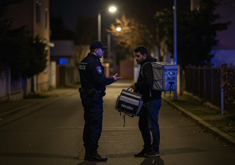 A Croatian police officer in a dark blue uniform stands on a dimly lit residential street in Zagreb late at night, illuminated by streetlights. The officer is speaking with a foreign delivery driver who appears slightly disheveled and is holding a large, empty food delivery backpack, conveying a serious, investigative atmosphere after an incident.