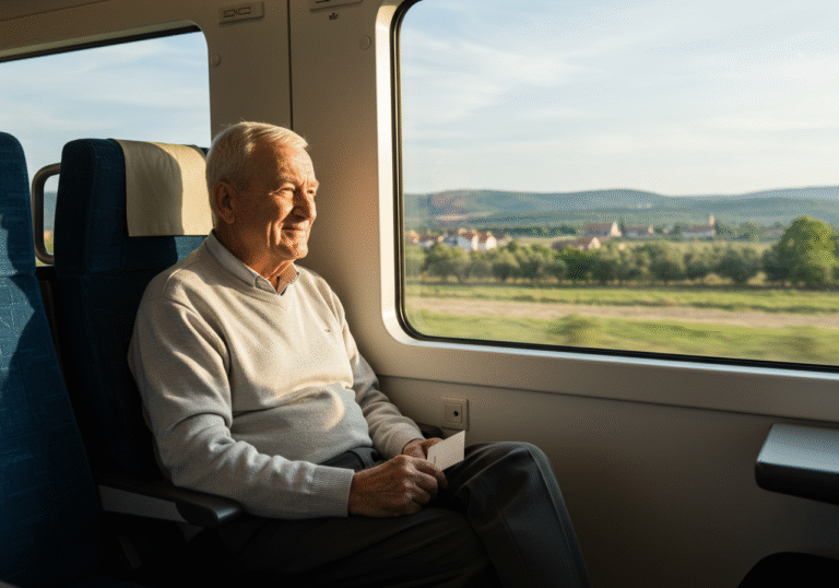 An elderly Croatian man, around 70 years old, with a gentle smile, sits comfortably in a modern train carriage, looking out the window. He is casually dressed in a light sweater and trousers. In his left hand, he subtly holds a plain, light-colored card. Through the window, the sun-drenched Croatian countryside, with glimpses of green hills and distant olive groves, passes by. Soft natural light fills the carriage, creating a serene and optimistic atmosphere.