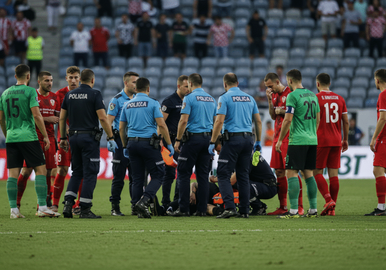 A chaotic and urgent scene unfolds on a football pitch in Županja, Croatia, during late afternoon daylight on a clear summer day. Croatian police officers, in their distinctive blue uniforms, swiftly move towards the center of the field where the second assistant referee, Mato Dujmić, lies on the grass in his official uniform. Paramedics, in uniform with medical equipment, are already attending to him with concerned expressions. Male football players from NK Slavonija Soljani and NK Graničar Županja, in their respective team kits, stand in the background, appearing shocked and distressed as the disrupted quarter-final match is halted. The atmosphere is tense.
