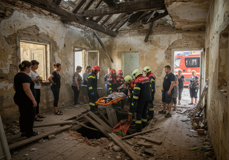 Inside the severely dilapidated birth house of Vesna Parun in Zlarin, Croatia, on August 2, 2025. A tense daylight scene as ten firefighters from DVD Zlarin, in their standard Croatian uniforms and gear, are actively engaged in a complex rescue operation. One woman with a visibly injured leg is being carefully lifted out of a dark, debris-filled basement opening, her face showing a mix of pain and relief. Broken, unstable wooden floorboards surround a large jagged hole, through which she fell. Overhead, a freshly collapsed wooden beam lies amidst dust and rubble, a result of the ongoing structural instability. Other women who were present are standing nearby, observing the extraction. Natural light filters through the dusty air, illuminating the crumbling stone walls of the historic but neglected ruin. Through a nearby doorway or window, the rear of a Croatian firefighter van is partially visible outside.