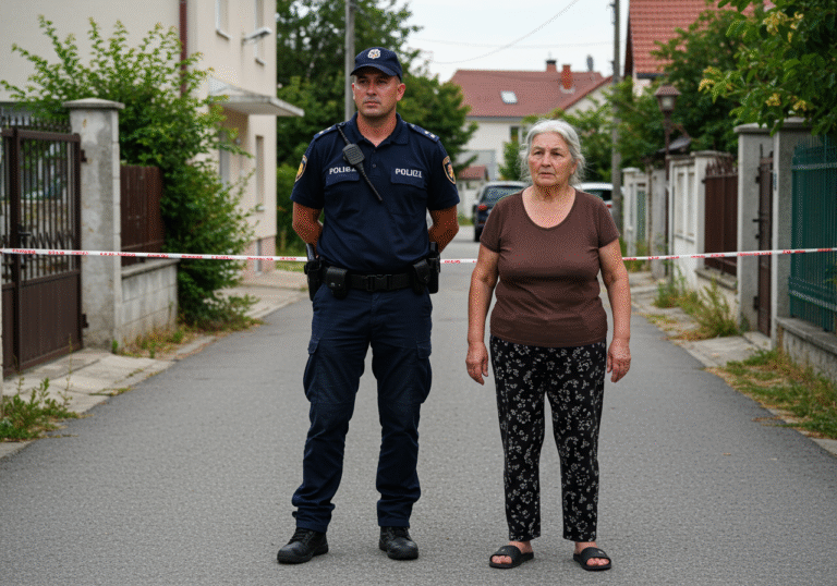 A mid-shot of a concerned Croatian police officer and a local resident, possibly a family member, standing on a residential street in Kupljenovo, near Zaprešić, Croatia, during a bright August day. Their expressions are serious as they look into the distance, suggesting an active search for a missing person. The scene conveys a somber, urgent atmosphere typical of a missing person investigation for a 91-year-old woman, 160 cm tall, with grey hair, an oval face, and frail build, last seen wearing a brown short-sleeved t-shirt, black pants with a white floral pattern, and black slippers.
