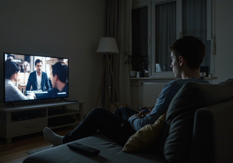 A Croatian person in a relaxed posture, perhaps a young adult, sits on a modern sofa in a well-lit living room in Zagreb, Croatia, during the early evening. Their attention is focused on a large flat-screen television visible in the foreground, subtly showing a dynamic film scene with faint, unreadable text at the bottom of the screen, indicating the presence of subtitles. The room features contemporary design elements and typical Croatian home decor, illuminated by soft ambient light from a nearby lamp. A remote control rests on a side table or the sofa cushion next to the viewer.