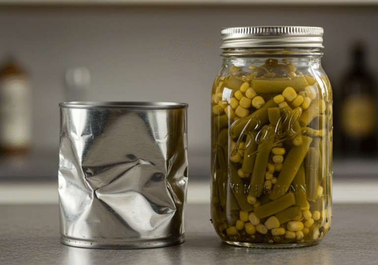 A close-up, natural light editorial photograph on a kitchen counter, featuring a severely dented and slightly bulging metal can, positioned next to a clear glass jar of homemade pickled green beans or corn. The canning jar shows some visual indication of improper preservation, such as cloudiness or unusual sediment. The background is a subtly blurred, contemporary home kitchen setting, emphasizing the domestic context of food preparation. The overall tone of the image is serious and cautionary, highlighting potential food safety risks.