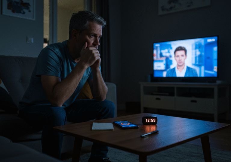 A reflective individual in their 40s sits alone in a contemporary living room during the early evening, illuminated by the soft glow of a television screen. Their gaze is intently fixed on the screen, revealing a pensive and concerned expression as they absorb information. On a coffee table nearby, a smartphone is placed with a simple, visible numerical counter application active on its screen, alongside a plain notepad and pen. The realistic scene captures a moment of personal contemplation on health decisions and lifestyle changes.