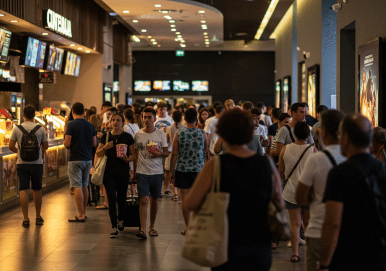 A bustling, modern cinema lobby in a Croatian city on a late summer evening. Soft, warm light illuminates a diverse crowd of moviegoers, including young couples, families, and groups of friends, moving through the space. Some patrons are lining up at concessions stands, holding popcorn buckets and drinks, while others are consulting digital display boards or walking towards theater entrances. Large, colorful movie posters for new film releases are visible on the walls, contributing to the vibrant and expectant atmosphere as people arrive for evening screenings. The scene captures the excitement and activity typical of a popular cinema during a new premiere wave.