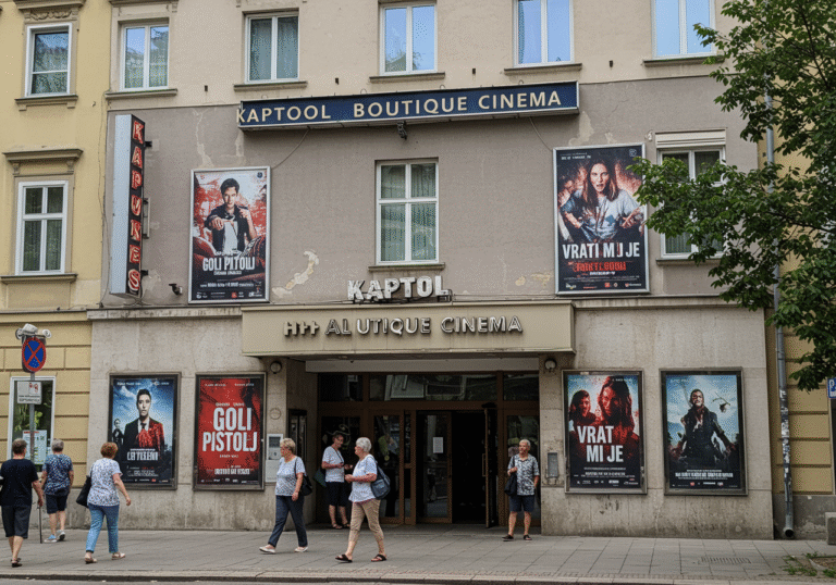 Exterior view of the Kaptol Boutique Cinema in Zagreb, Croatia, on a bright July afternoon. Large, eye-catching promotional posters for the action comedy 'Goli pištolj' and the horror thriller 'Vrati mi je' are prominently displayed near the main entrance, announcing their simultaneous release starting July 31, 2025. A few pedestrians are walking past, some glancing at the movie advertisements. The cinema building's facade shows modern Croatian urban architecture under clear summer light.