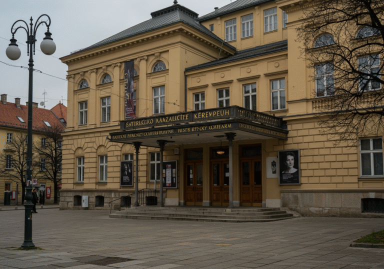 A solemn and quiet scene outside the Satiričko kazalište Kerempuh theater in central Zagreb, Croatia, on a calm, overcast afternoon. The distinctive facade of the historic theater building stands under diffused natural light, conveying a sense of quiet reverence. The entrance appears still and uncrowded, reflecting the deep sadness felt following the passing of a beloved actress who greatly enriched Croatian theatre. The image captures a respectful pause in the city's usual rhythm, marking a significant cultural loss.