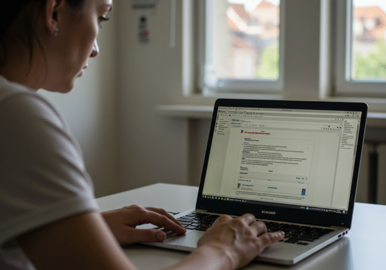 A person is intently focused on a laptop screen on a desk in a quiet, modern office in Zagreb, Croatia. The screen displays a generic, unidentifiable web page with a simple layout, hinting at a news portal but without any specific articles or text legible. The overall impression is one of a diligent but unrewarded search for information, capturing the elusive nature of recent news developments in the city. Soft, natural light from a window illuminates the scene during a late summer afternoon.
