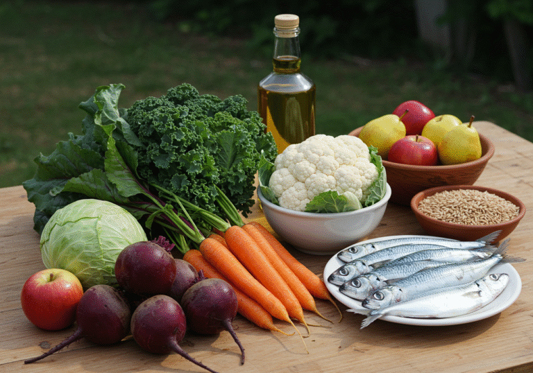 A beautifully arranged still life of fresh, raw ingredients on a rustic wooden table, bathed in soft natural daylight. Dominating the foreground are vibrant piles of Croatian-grown vegetables: earthy purple beets, bright orange carrots, deep green kale and cabbage leaves, and crisp white cauliflower florets. Alongside them, a small basket of ripe red apples and yellow pears. In a simple ceramic bowl, whole grains like rye, barley, and oats are visible. A clear glass bottle of local Croatian rapeseed oil stands beside a platter holding several glistening, fresh Adriatic blue fish, such as sardines or mackerel, their scales catching the light. The scene evokes freshness, health, and a connection to local produce, perfect for an editorial on nutrition.