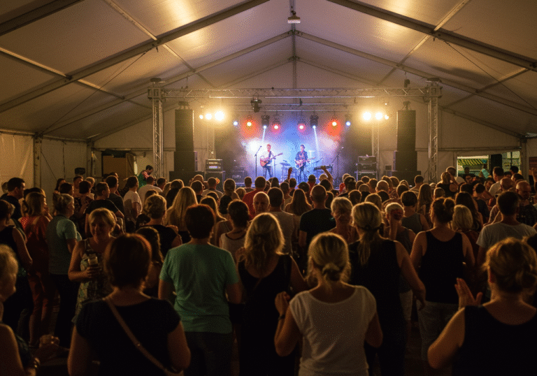 Late evening in a large, brightly lit event tent at a fairground in Nova Rača, Croatia. A diverse crowd of people, including families and friends, are joyfully dancing and swaying to live music. The tent is filled with a festive and relaxed atmosphere, with warm ambient lighting illuminating the smiling faces of the attendees. On a stage in the background, a band performs, with spotlights adding to the lively scene.