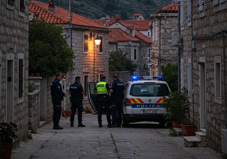 Early morning light barely touching the sky over Rogotin, a quiet village in Dubrovnik-Neretva County, Croatia. Several Croatian police officers, dressed in dark blue uniforms and reflective vests, are gathered near a marked police vehicle on a narrow, cobblestone street. Their expressions are serious and focused as they stand in a somber scene. Traditional Mediterranean stone houses with red tile roofs line the street, still mostly dark, indicating the very early hours before full sunrise. The air is still, reflecting the gravity of an ongoing investigation in the small community.