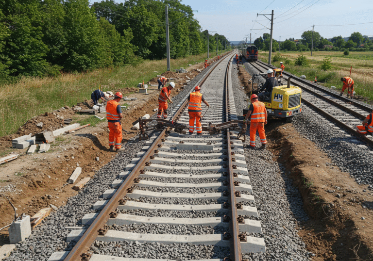 A wide, realistic, editorial photograph capturing ongoing railway construction work on the line between Dugo Selo and Ivanić-Grad in Croatia. Croatian HŽ Infrastruktura workers in high-visibility safety gear are on site, overseeing and operating heavy machinery such as a track-laying machine and ballast tampers, actively connecting a newly built section of the second railway track with the existing main line. The scene shows freshly laid sleepers and rails, with disturbed earthworks around the new track, and an operational railway line running parallel in the background. It is a bright, clear summer day in the Croatian countryside.