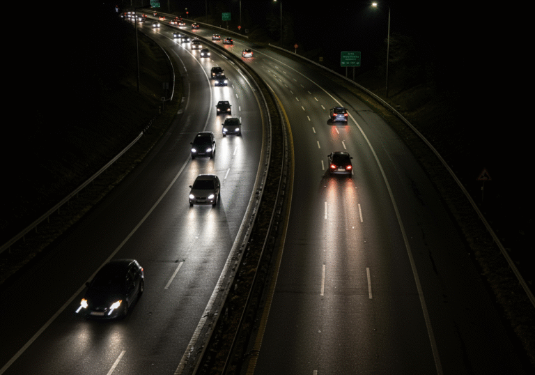 An elevated view of a section of the A1 Zagreb-Ploče-Karamatići highway in Croatia at night. The northbound lanes are dark and wet from a significant oil spill, reflecting the dim ambient light and vehicle headlights. Cars move slowly and cautiously in a single designated lane, with the other lanes appearing closed or impassable due to the slick hazardous conditions. The scene emphasizes the reduced speed and required caution on the Croatian motorway during the late evening hours.