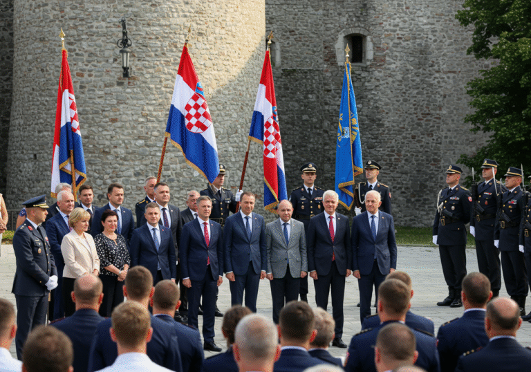 Croatian political and military leadership gathered in Knin, Croatia, on a clear, bright August morning, observing the 30th anniversary of Operation Storm. Dignitaries stand formally in a public square or near the historic Knin Fortress, some delivering or listening to solemn patriotic speeches. Croatian flags are prominently displayed on flagpoles or held by uniformed Croatian military personnel in formation. The scene captures the commemorative atmosphere of the 'Victory and Homeland Thanksgiving Day' and 'Day of Croatian Defenders', with strong, clear natural light on the faces and uniforms.