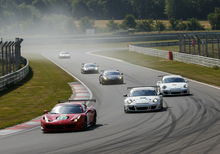 A telephoto shot captures several high-performance GT3 class race cars, including a red Ferrari 458 GT3 and a white Porsche 911 GT3, accelerating out of a corner on the Slovakia Ring race track in Orechová Potôň, Slovak Republic. The cars are low to the ground, with visible heat haze distorting the air above the asphalt. The setting is bright and sunny, indicative of an August day, with the distant, subtle green landscape of the Slovakian countryside visible beyond the track barriers.