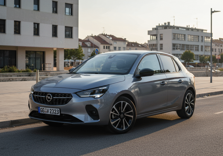 A new model Opel Corsa, clean and polished, parked prominently on a sunlit street in a Croatian city. In the background, modern Croatian architecture defines the urban landscape under a clear, bright summer sky, typical of July. The scene captures the vehicle in a realistic, everyday setting, reflecting natural late morning light.