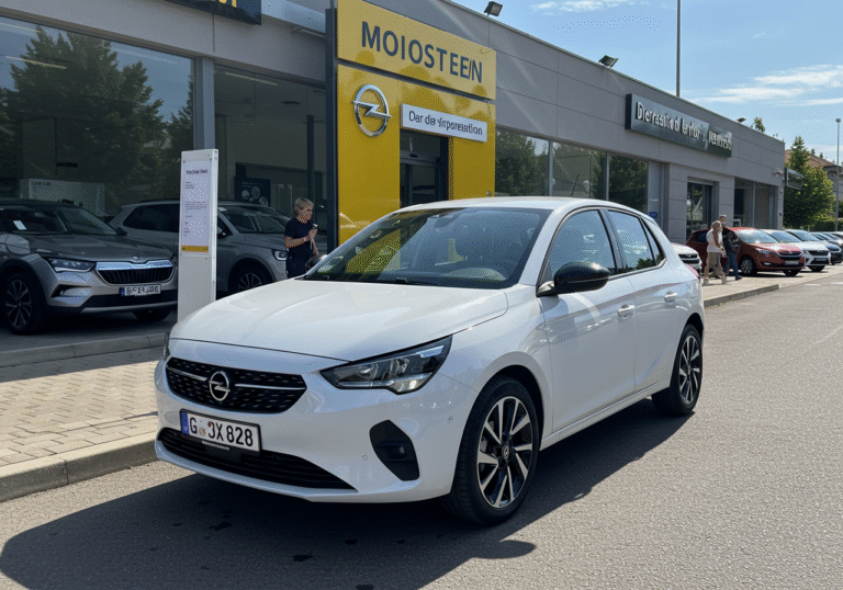 A new, gleaming white Opel Corsa is proudly displayed under bright summer sunlight at the entrance of a modern car dealership in a Croatian city in July 2025. The car is spotlit, capturing attention. In the background, a few other new vehicles are visible on the lot, including an Opel Mokka and a Skoda Octavia, while people walk by, some glancing at the cars. The atmosphere is bright and active, reflecting a bustling automotive market. Subtle Croatian architectural elements or distant flags are visible, grounding the scene in Croatia.