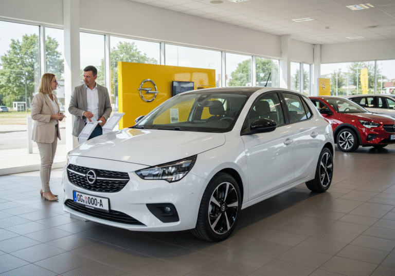 A pristine, latest-model Opel Corsa is prominently displayed in a brightly lit, modern Opel car dealership showroom in Croatia. Sunlight streams through large windows, illuminating the car's sleek lines on a warm July afternoon. A potential buyer, casually dressed for summer, leans slightly forward, examining the vehicle, while a professional salesperson in a light suit stands nearby, observing or preparing to assist. Other new Opel vehicles are visible further back in the spacious showroom, conveying an atmosphere of active commerce and strong customer interest in new car sales in Croatia.