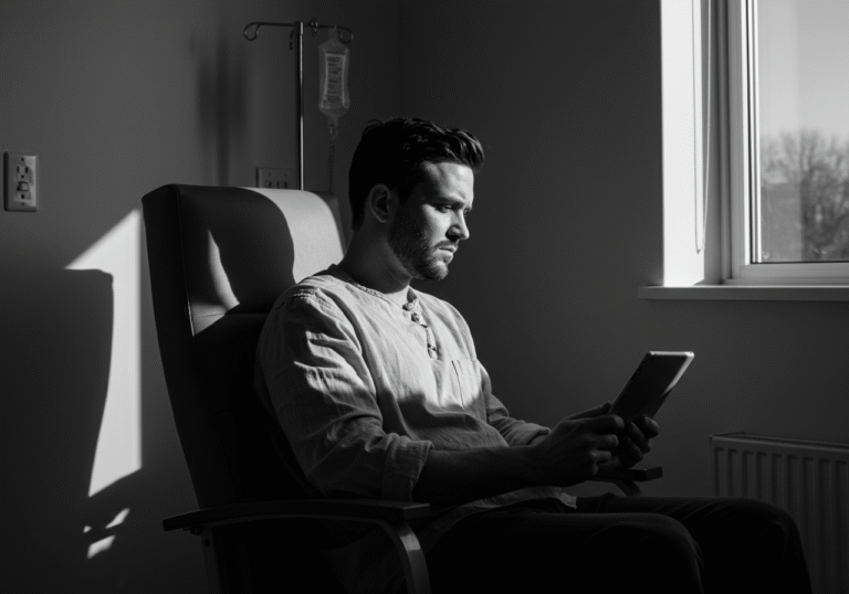 A somber, quietly lit hospital room in the late afternoon. A man in his early thirties, dressed in a loose, light-colored long-sleeved shirt, sits slumped slightly in a modern, functional hospital chair, facing a window. His eyes are fixed on a tablet held in his hands, displaying a generic chat interface. His expression is distant and internally focused, hinting at deep mental or emotional distress. Soft, diffused daylight filters through the window, casting gentle shadows across the minimalist room, which contains only essential medical furniture. The scene captures a moment of isolated vulnerability and reflection, conveying the quiet struggle of a person navigating a mental health crisis in the context of digital interaction.