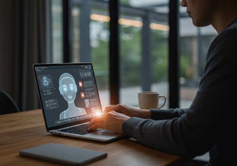 A person, gender ambiguous, is intently focused on a glowing laptop screen displaying a clean, minimalist conversational AI interface. The scene is set in a modern, well-lit interior space during the daytime, perhaps a contemporary office or a quiet co-working environment, with soft natural light illuminating the area from a large window in the background. The individual's posture suggests deep engagement with the advanced artificial intelligence technology.