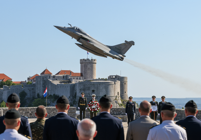 A powerful Rafale fighter jet from the Croatian Air Force performs a flyover above Knin, Croatia, during the 30th anniversary celebration of Operation Storm on August 5, 2025. The historic Knin Fortress is visible in the background, under a bright morning sky. Croatian military personnel and officials in dress uniform, alongside general spectators, are gathered below, looking up at the aircraft. The atmosphere is solemn yet celebratory, showcasing modern Croatian military capabilities.