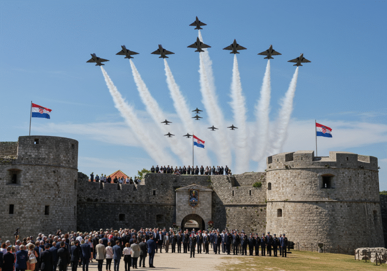 An impressive formation of modern Rafale fighter jets and the 'Krila Oluje' acrobatic group of the Croatian Air Force performs a precise flyover above the historic Knin Fortress in Knin, Croatia. It is August 5, 2025, the central day of the 30th anniversary celebration of military-police Operation Oluja. The mid-day sun casts clear shadows on the ancient fortress walls. Below, a large gathering of Croatian citizens, war veterans in uniform, and state officials look skyward. The Croatian flag is visibly displayed near the fortress, emphasizing the national significance of the event, which marks the liberation of Croatian territory. The atmosphere is a blend of solemn remembrance and national pride.