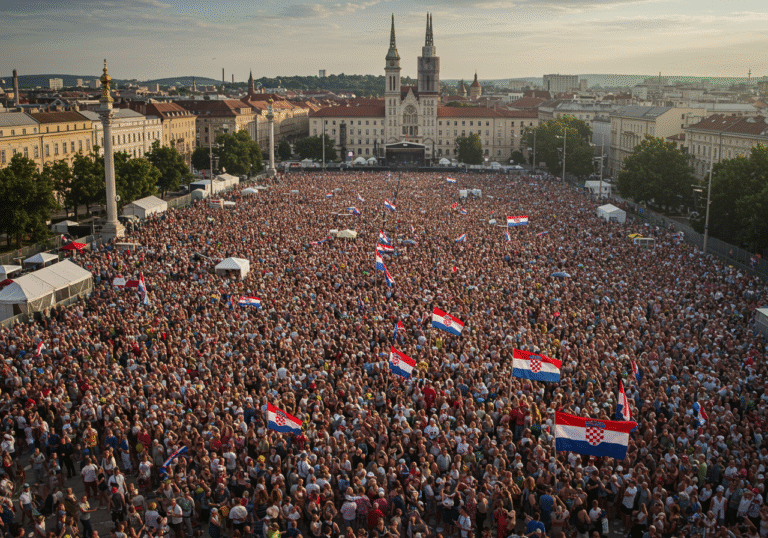 A wide, realistic editorial photograph of a massive outdoor concert in Zagreb, Croatia, in July 2025. Hundreds of thousands of people fill a large public square or open space, stretching into the distance under a bright summer sky. Attendees are dressed in everyday clothing, many holding Croatian national flags. The scene captures the dense crowd from an elevated perspective, with the urban architecture of Zagreb visible in the background. The atmosphere is lively, indicative of a large public gathering.