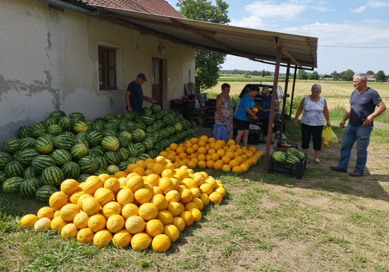 A bright summer day at OPG Čor, a family farm in Križnica village, Podravina, Croatia. Large piles of freshly harvested watermelons and golden melons are neatly stacked in a shaded area next to a rustic farm building. Several local residents are carefully selecting and carrying melons and watermelons to their vehicles or reusable bags. An adult farmer, a member of the Čor family, stands nearby, observing the activity with a contemplative expression that shows both appreciation and underlying concern for market challenges. The scene captures the abundance of the produce against the backdrop of the rural Croatian landscape, with distant fields visible under the summer sun, reflecting a community effort to prevent food waste.