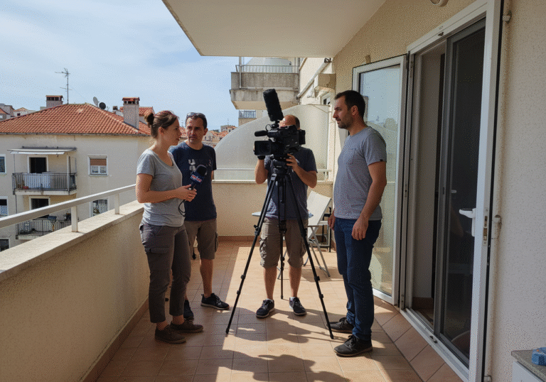 A candid, sunlit scene on a residential terrace in Split, Croatia, specifically in the modern Žnjan neighborhood. Journalist Danka Derifaj, wearing practical clothing, stands facing outward, appearing to observe or discuss details of the property. Beside her, cameraman Petar Janjić holds a professional video camera at eye level, actively filming the surroundings. The neighbor, Branko Miodrag, is present near them. The terrace features elements of a typical Croatian residential space, with glimpses of the apartment building's exterior and the bright Adriatic summer sky.