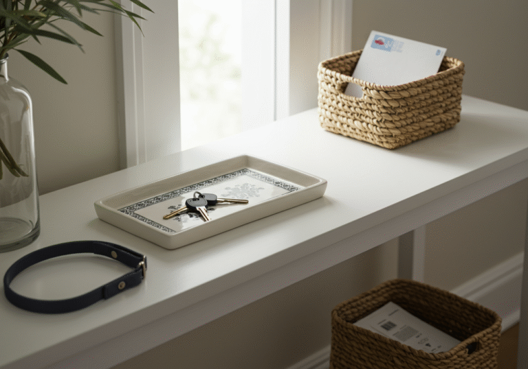 Editorial photograph of a clean, organized console table in a well-lit, residential entryway. The minimalist setup features a decorative ceramic tray holding a single set of keys, and a small, woven basket neatly containing a few pieces of mail. A rolled dog leash sits discreetly beside the basket. Soft, diffused daylight illuminates the inviting space, which conveys a sense of calm and order. No clutter is visible on or around the table.