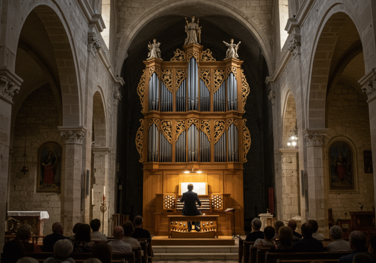 An evening classical music concert within the historic Župna crkva Sv. Eufemije in Rovinj, Istria, Croatia. A professional organist performs on a large, intricately carved antique pipe organ, specifically highlighting the recently restored 1754 Antonio Barbini organ. Warm, diffused artificial light from hidden sources illuminates the musician and the grand instrument, casting soft glows on the ancient stone walls and vaulted ceilings of the church. The scene captures the quiet reverence of the audience, subtly visible in the pews, engrossed in the rich music filling the space.